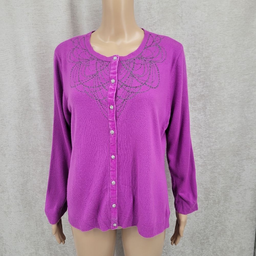 i.e. Y2K Purple Cardigan with Velvet Trim Rhinestone Buttons Very Soft Luxe Feel